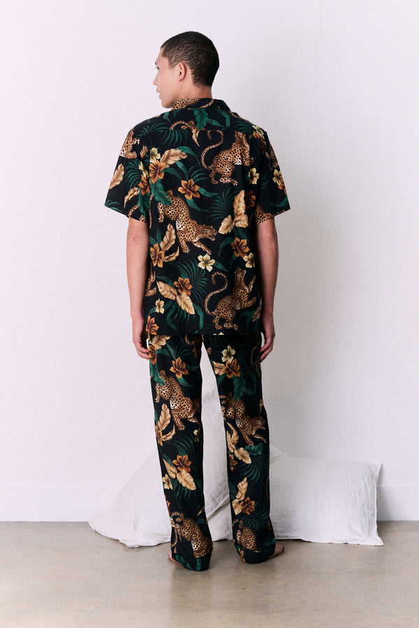 Men’s Cuban Long Pyjama Set Soleia Leopard Print Black/Yellow