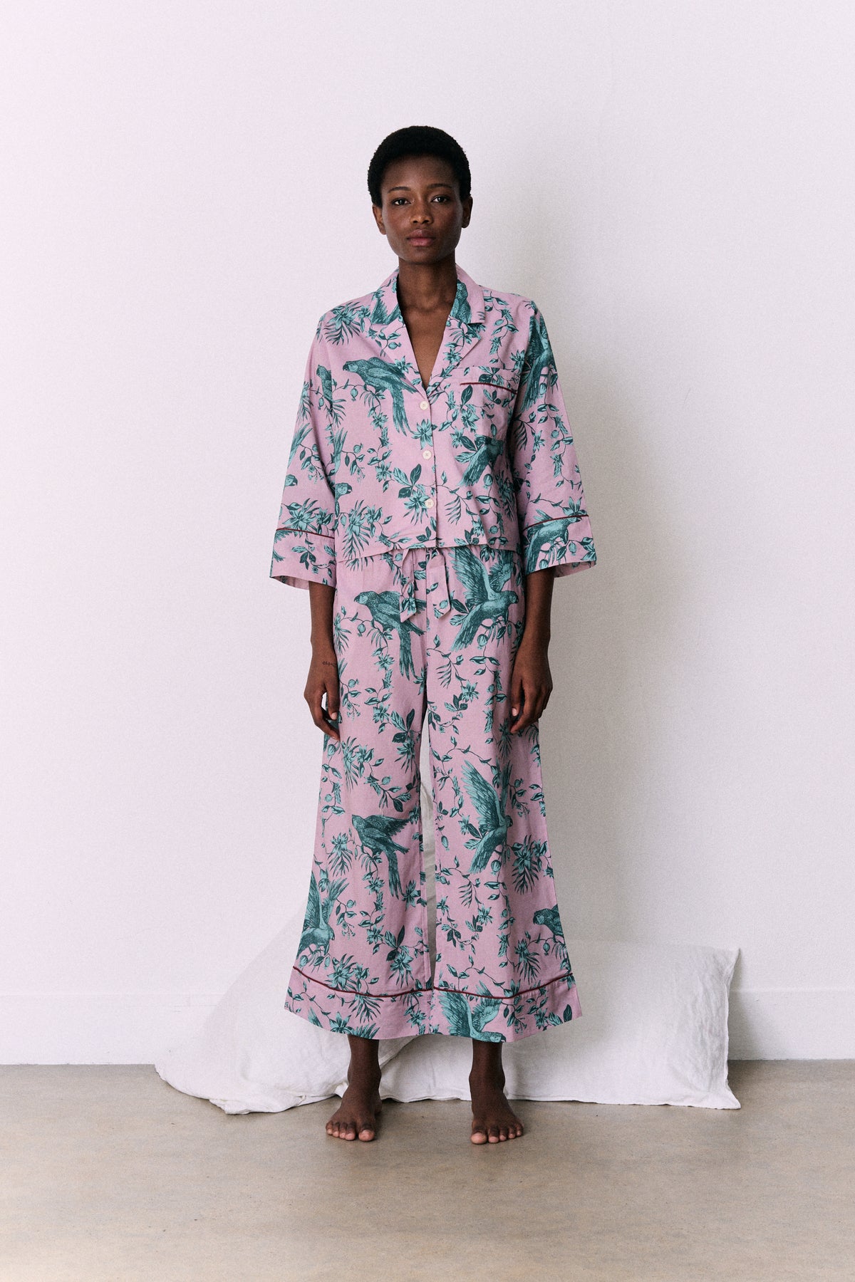 Boxy Shirt and Wide Leg Trouser Set The Bromley Parrot Print Pink/Blue