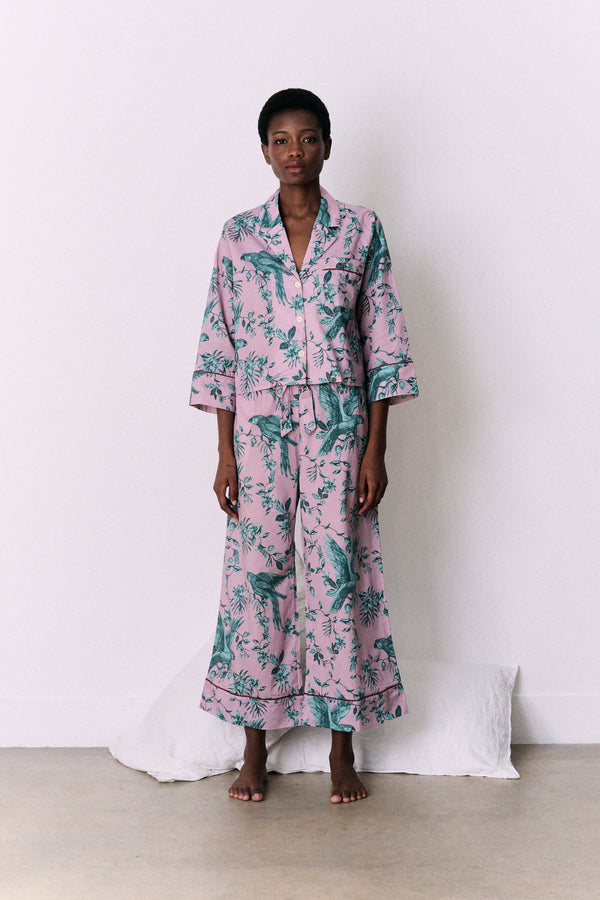 Boxy Shirt and Wide Leg Trouser Set The Bromley Parrot Print Pink/Blue