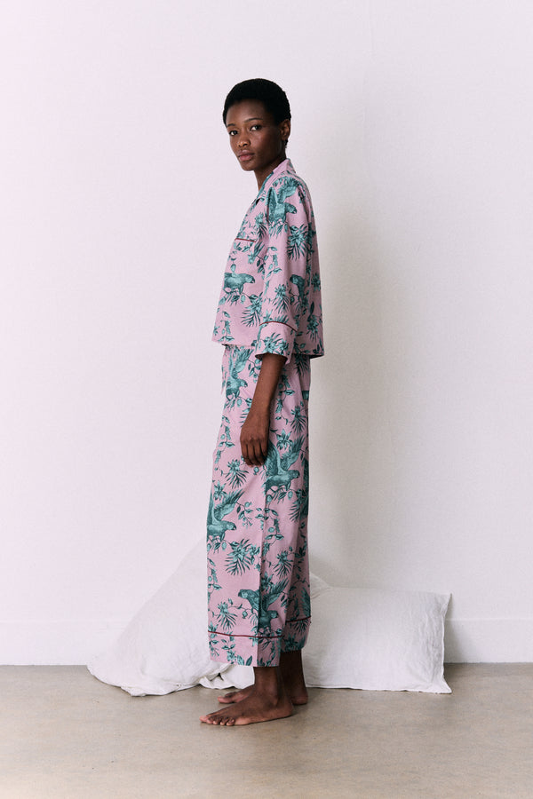 Boxy Shirt and Wide Leg Trouser Set The Bromley Parrot Print Pink/Blue