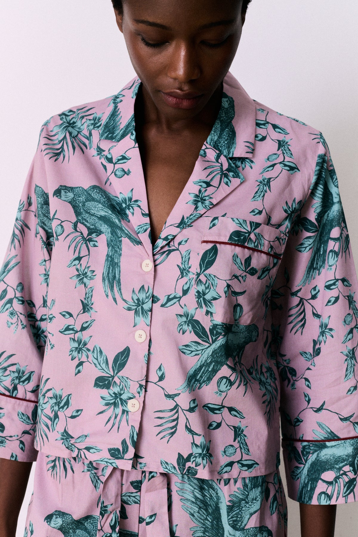 Boxy Shirt and Wide Leg Trouser Set The Bromley Parrot Print Pink/Blue