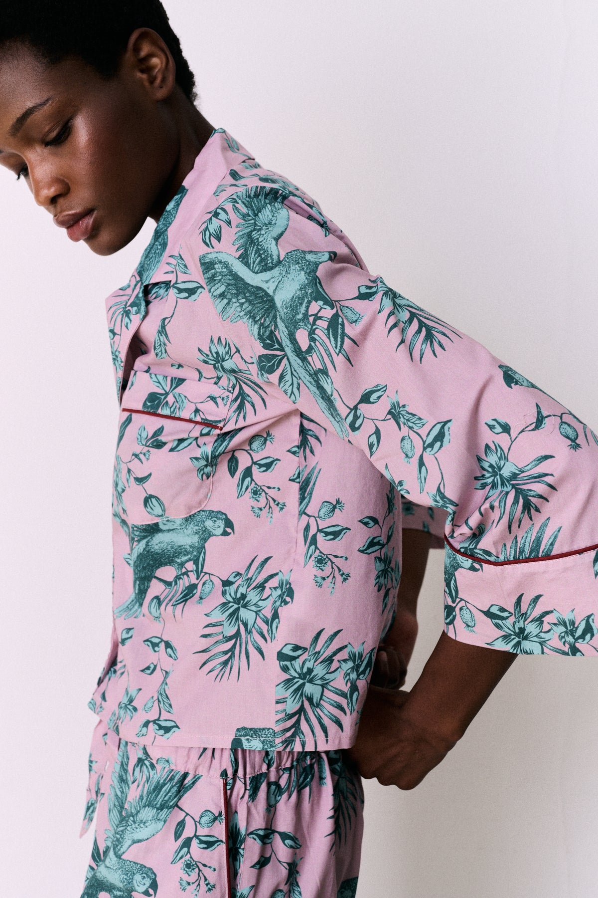 Boxy Shirt and Wide Leg Trouser Set The Bromley Parrot Print Pink/Blue