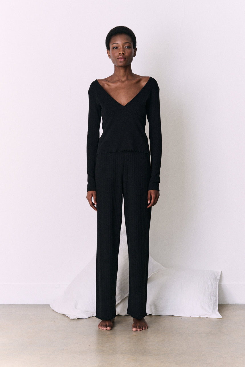 Pointelle Long Sleeve Top &amp; Trouser Set Black