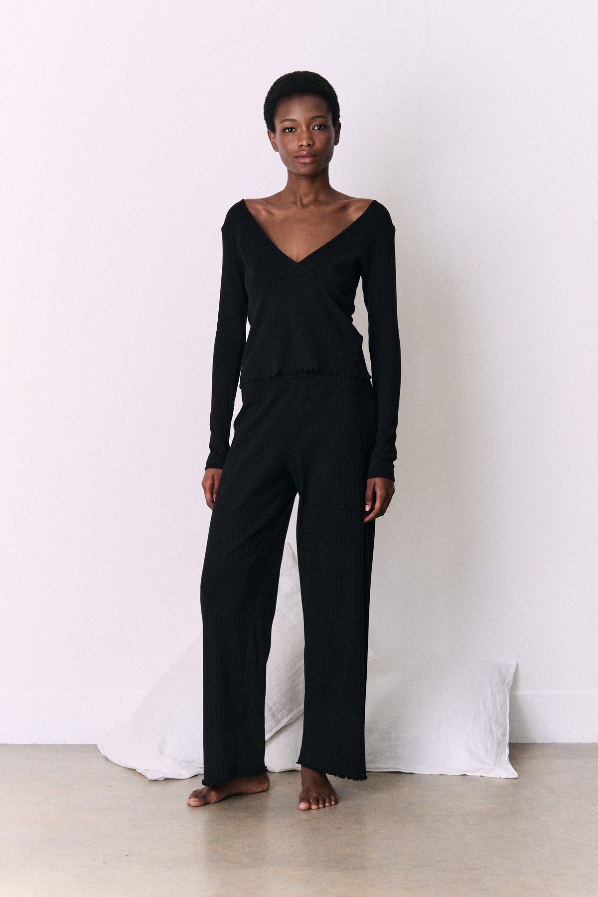 Pointelle Long Sleeve Top & Trouser Set Black