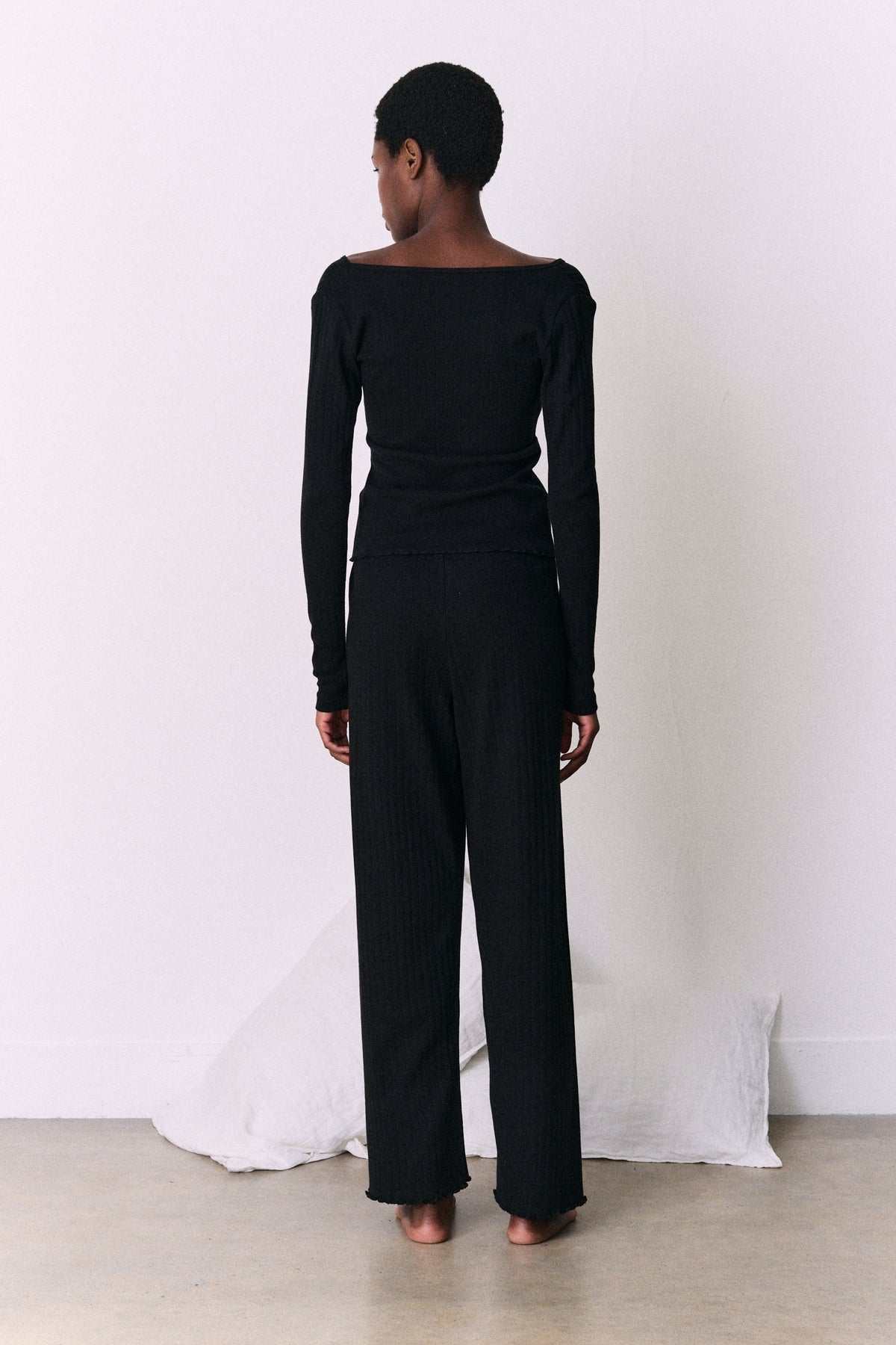 Pointelle Long Sleeve Top & Trouser Set Black