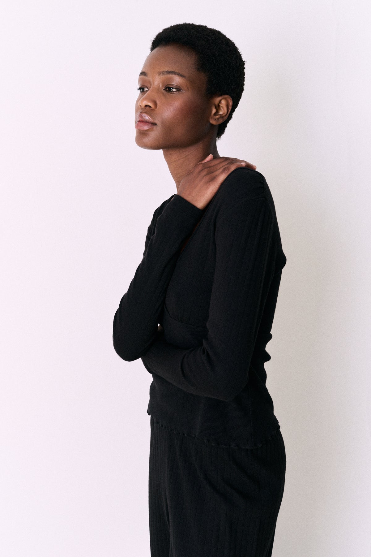 Pointelle Long Sleeve Top & Trouser Set Black