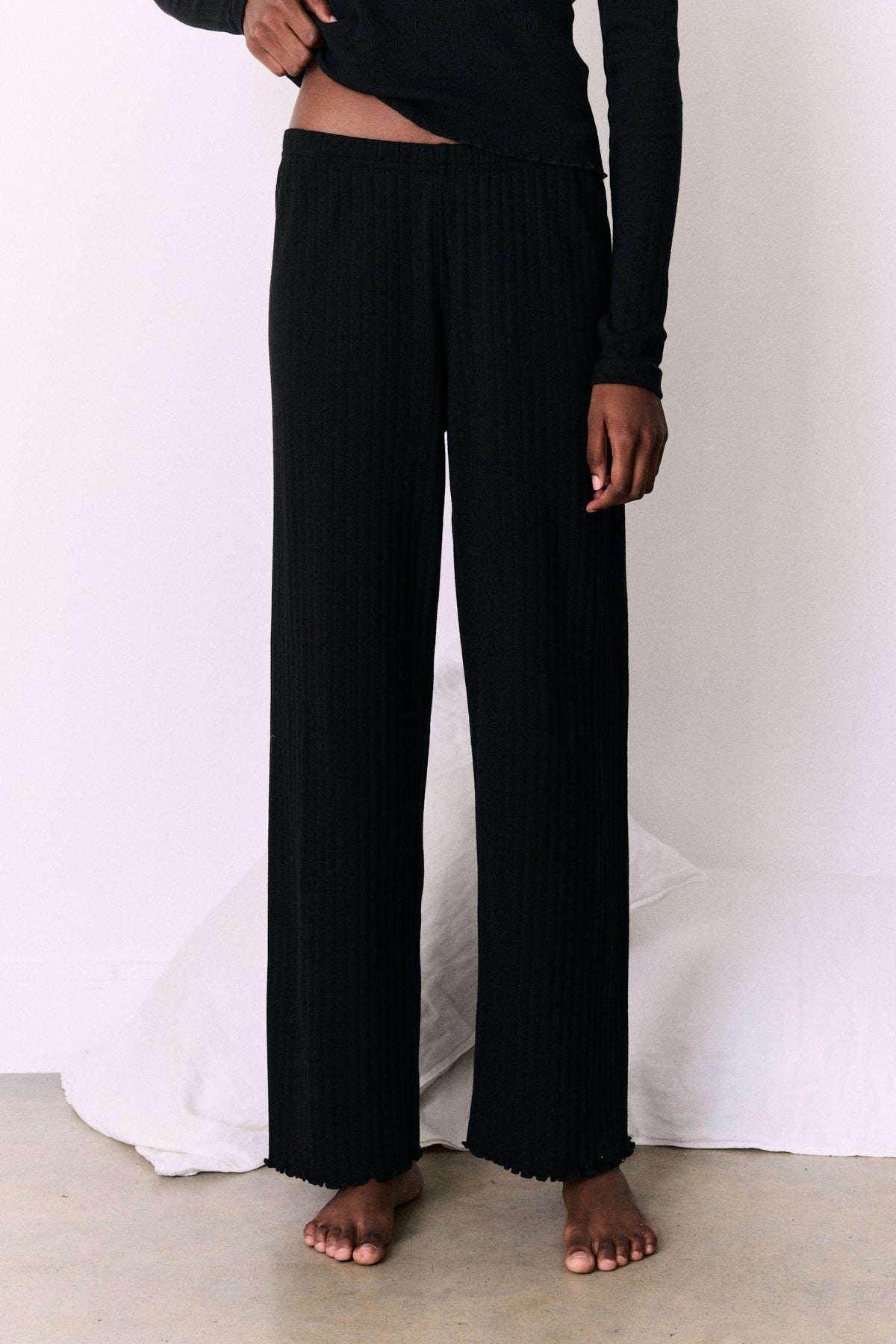 Pointelle Long Sleeve Top & Trouser Set Black