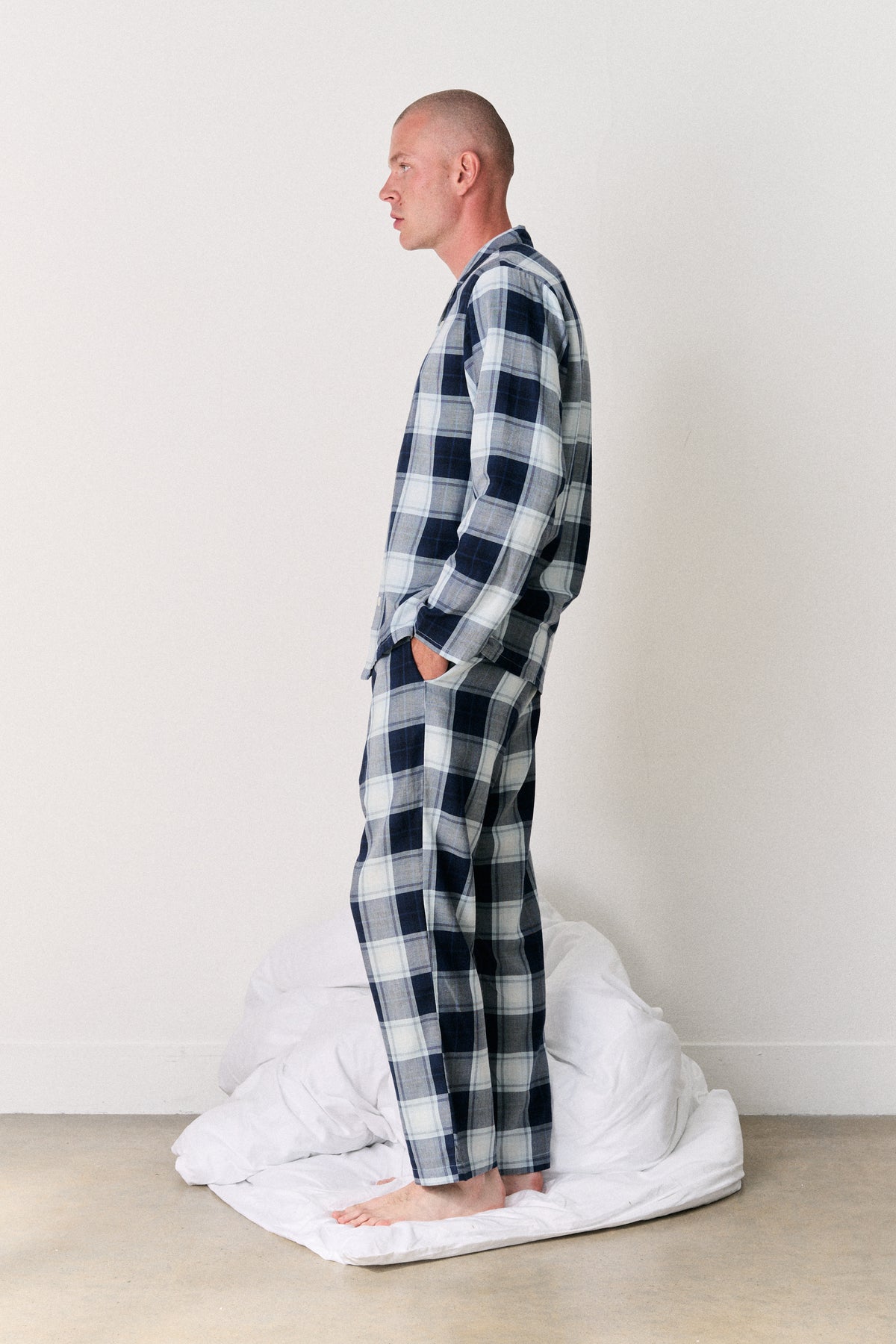 Mens 402 Long Set Woven Check Navy/Blue