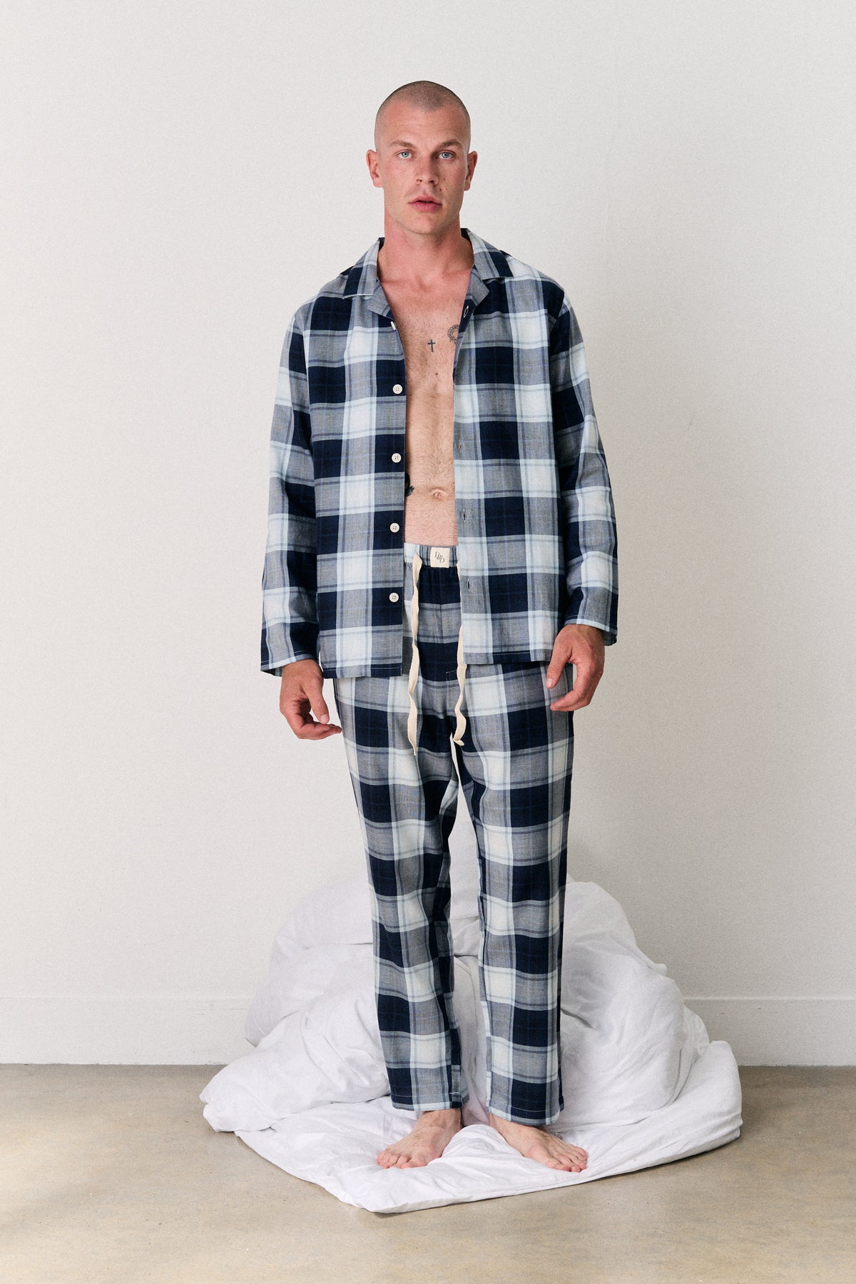 Mens 402 Long Set Woven Check Navy/Blue
