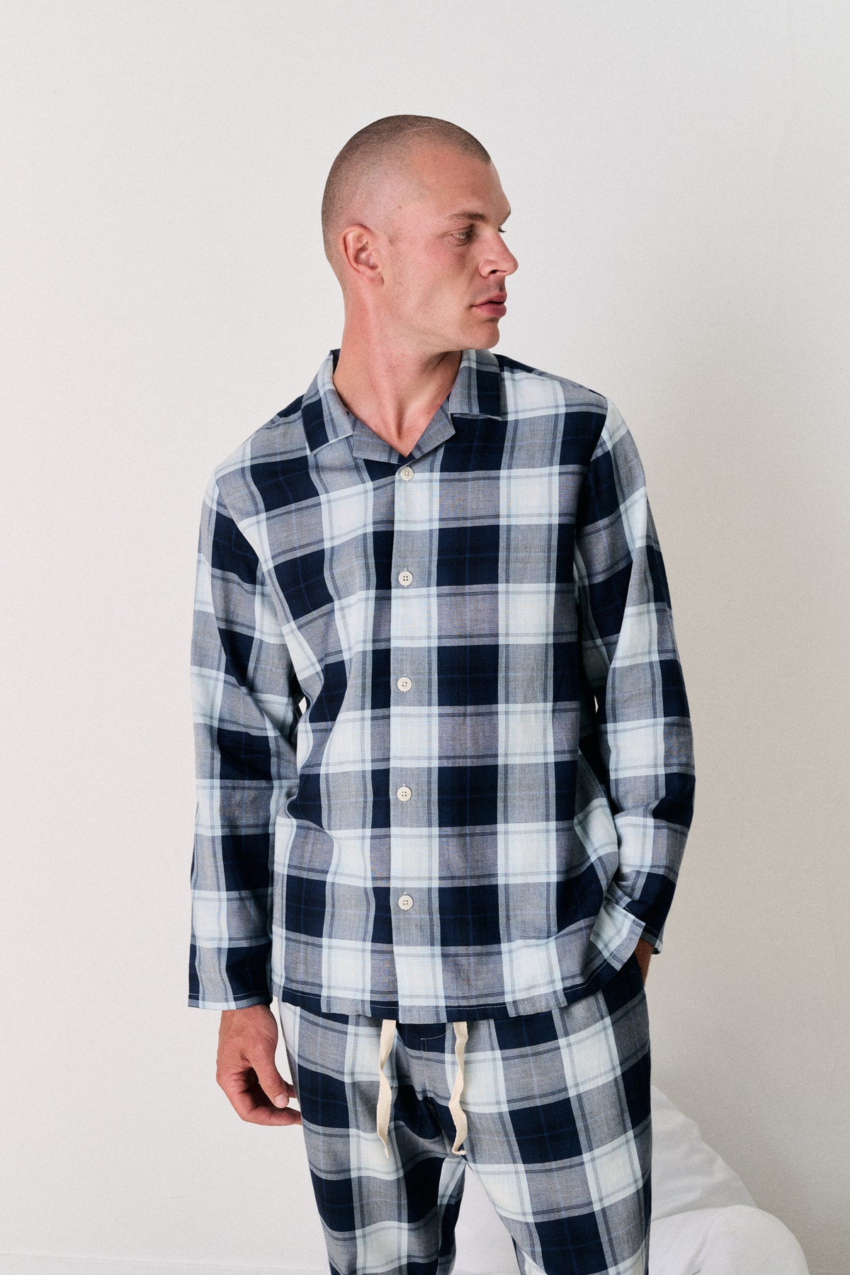 Mens 402 Long Set Woven Check Navy/Blue