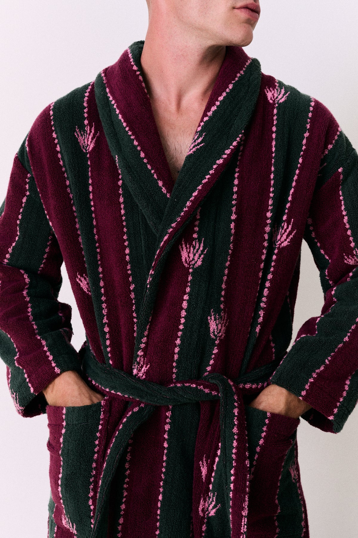 Unisex Towel Robe Moonflower Stripe Green/Pink/Red