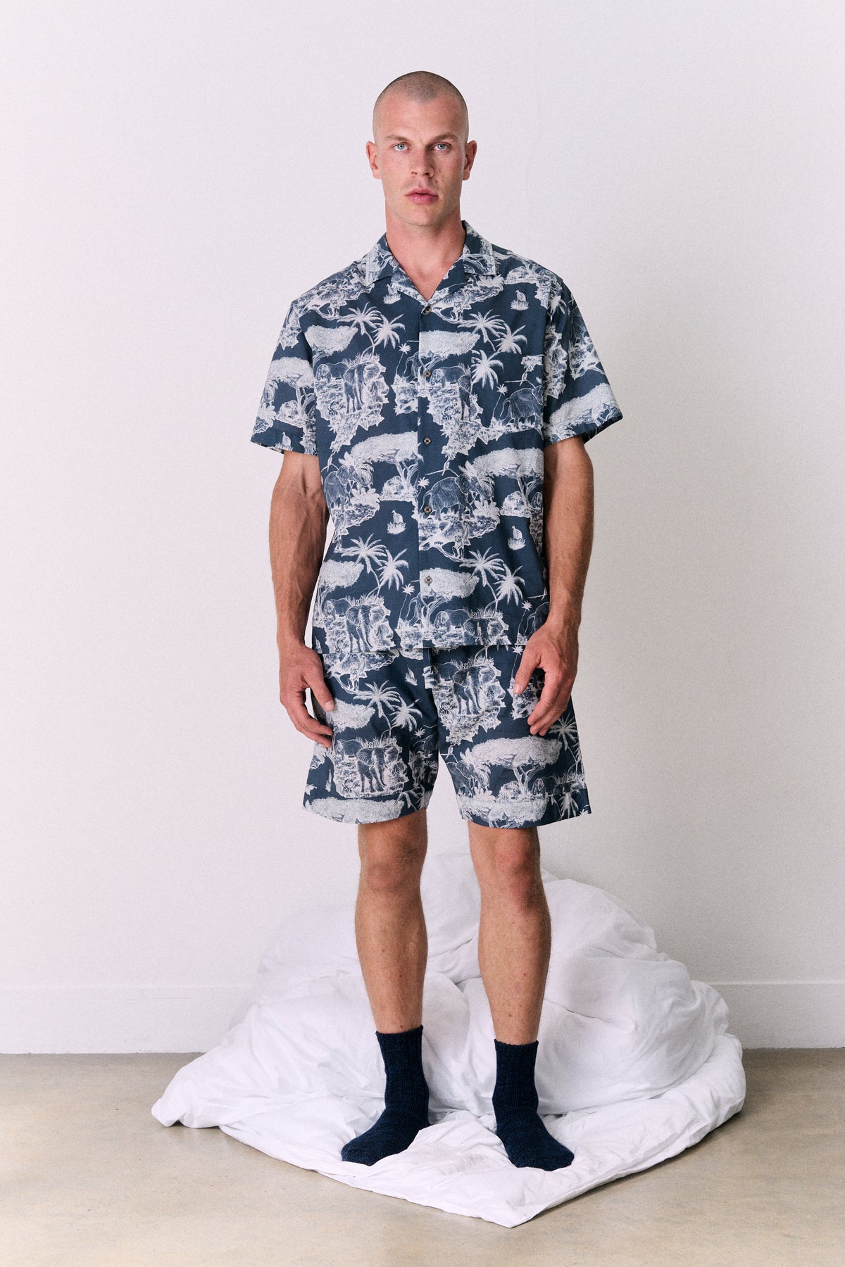 Men’s Cuban Pyjama Shirt Loxodonta Print Navy