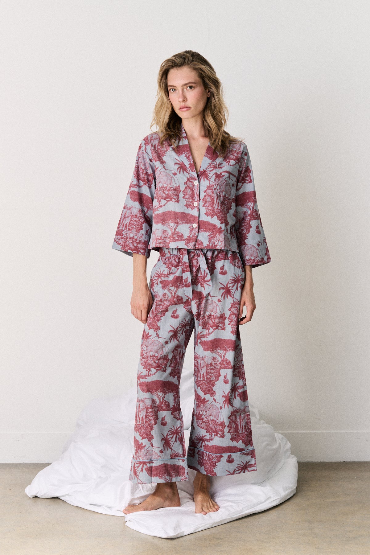 Boxy Shirt and Wide Leg Trouser Set Loxodonta Print Chambray/Red