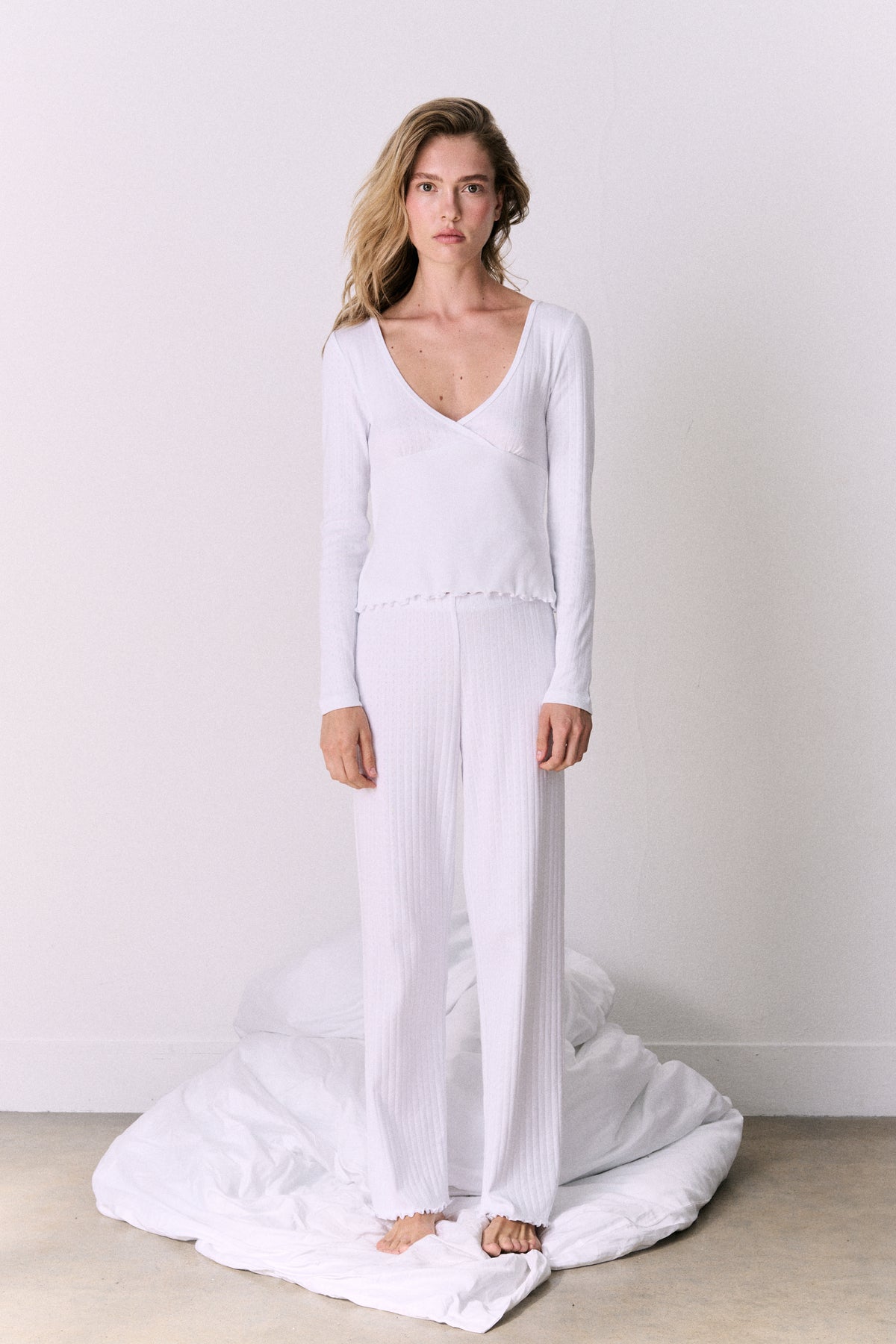 Pointelle Long Sleeve Top White