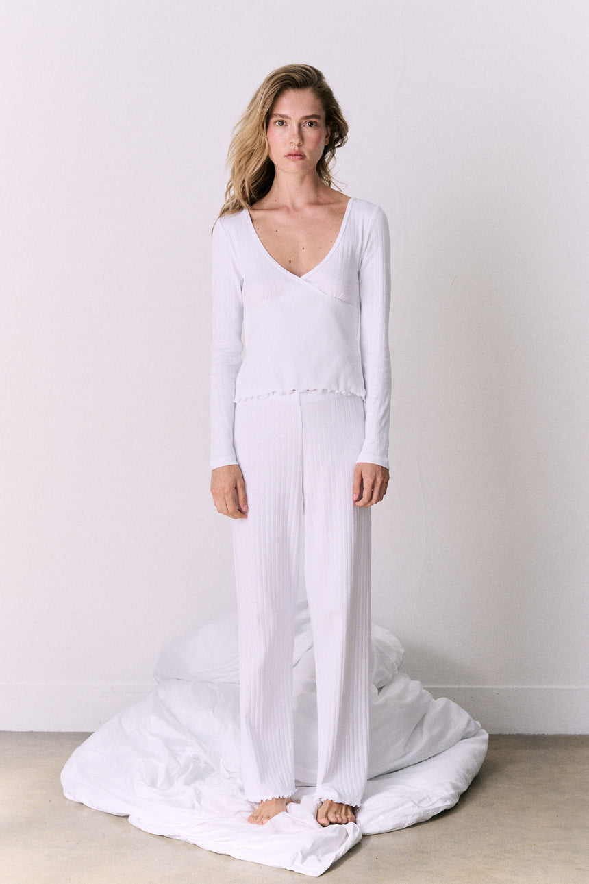 Pointelle Long Sleeve Top &amp; Trouser Set White