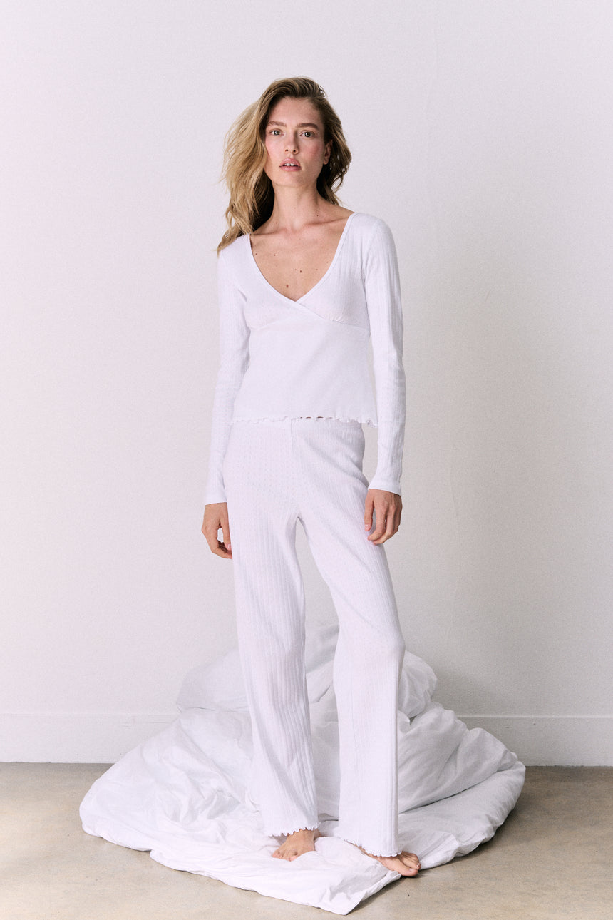 Pointelle Long Sleeve Top &amp; Trouser Set White