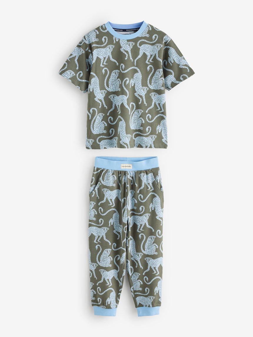 Short Sleeve Pyjamas Set in Wild Icons &amp; Safari Prints Green/Blue