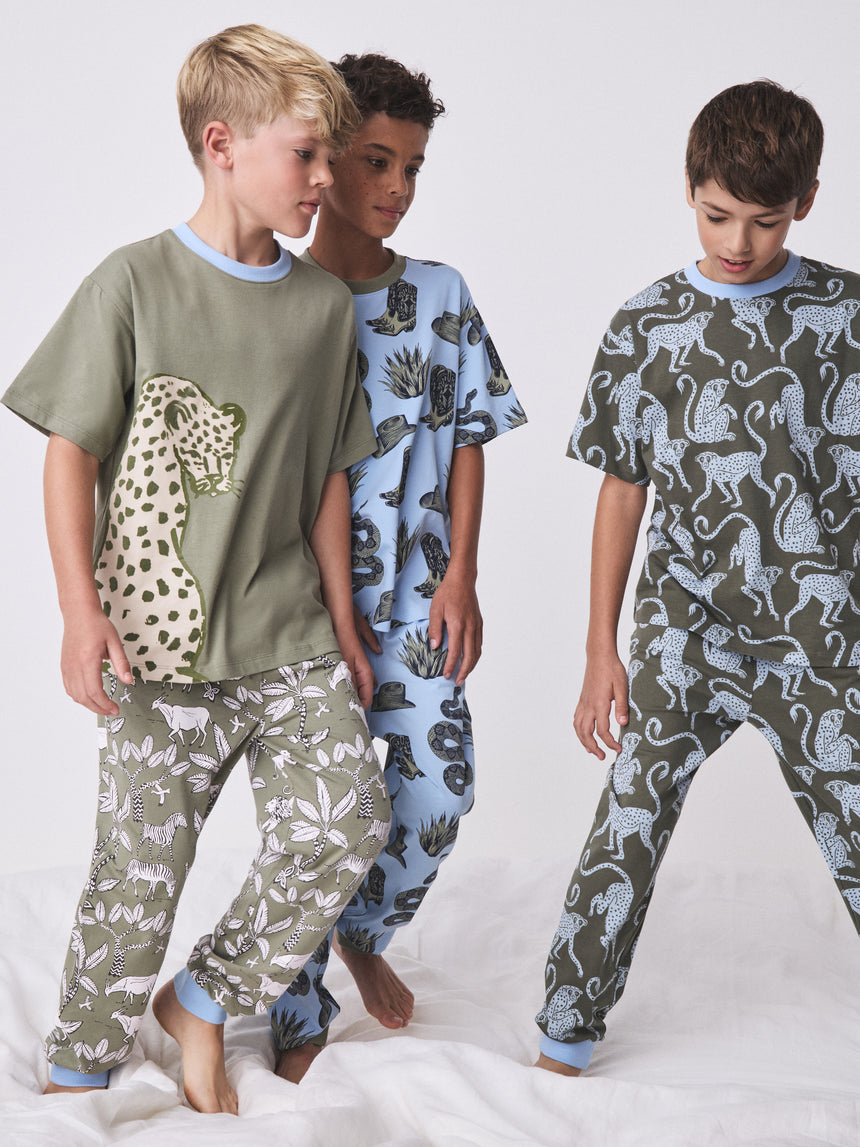Short Sleeve Pyjamas Set in Wild Icons &amp; Safari Prints Green/Blue