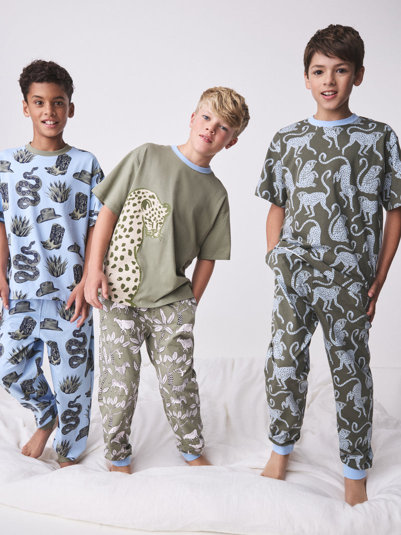 Short Sleeve Pyjamas Set in Wild Icons & Safari Prints Green/Blue
