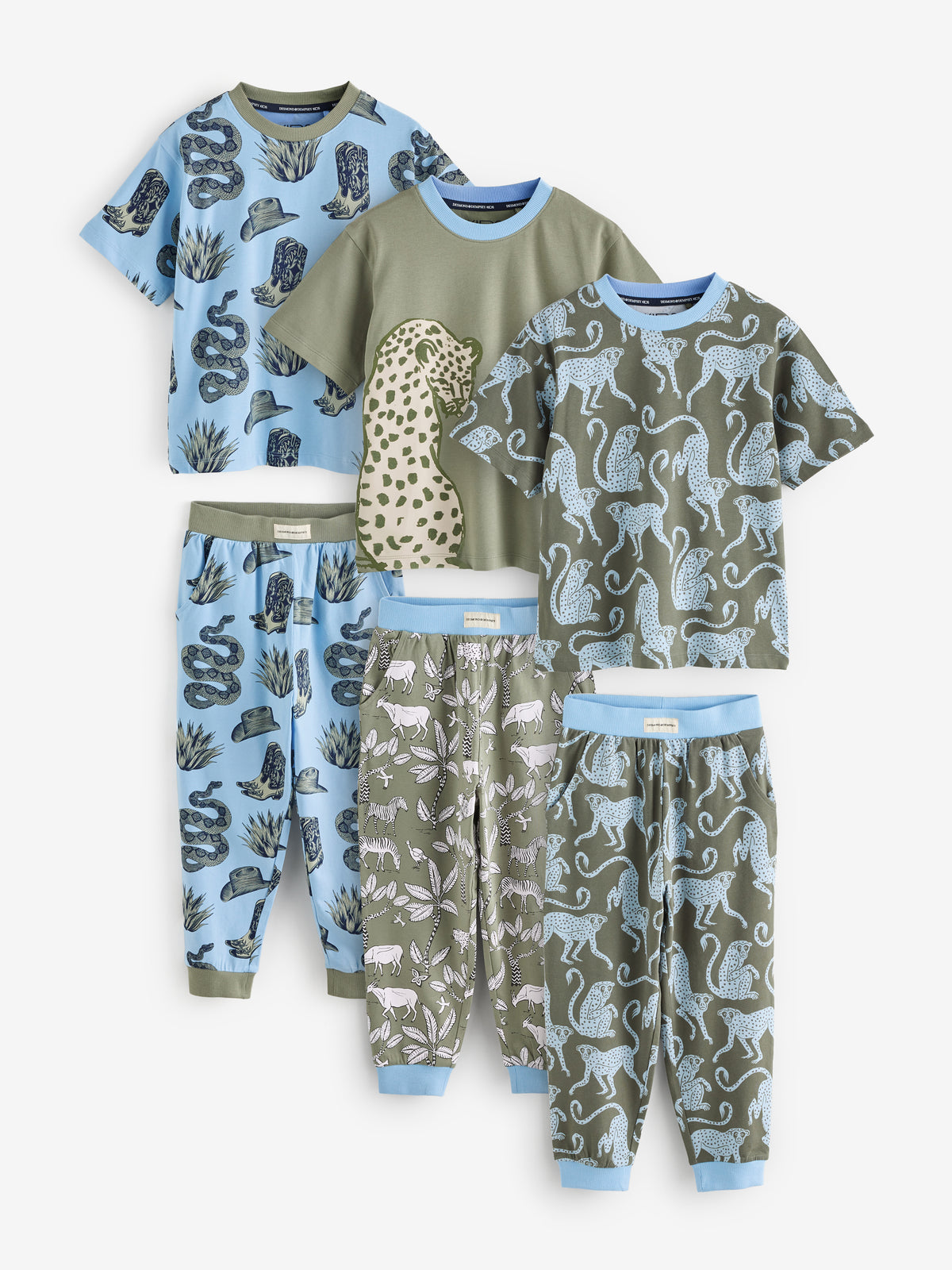 Short Sleeve Pyjamas Set in Wild Icons & Safari Prints Green/Blue