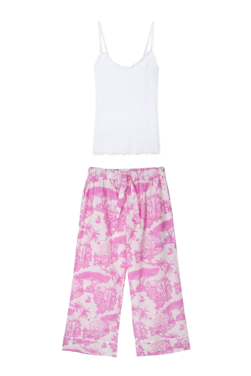 Soft V Tank Top &amp; Wide Leg Trouser Set White/Loxodonta Print Pink