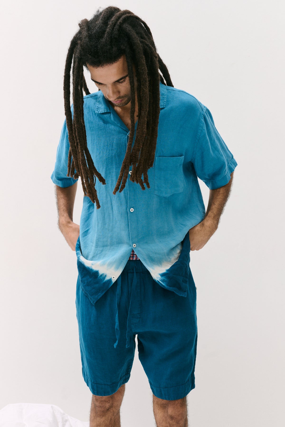 Men’s Cuban Pyjama Set Blue Dip Dye Linen