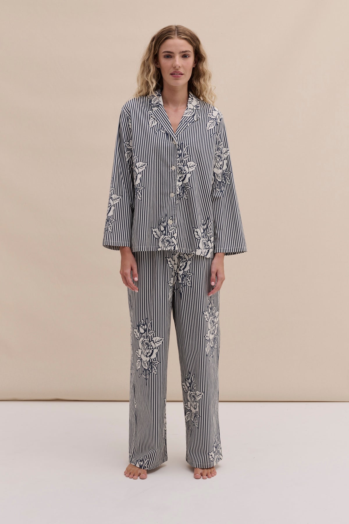 402 Long Pyjama Set Pinstripe Rose/Navy