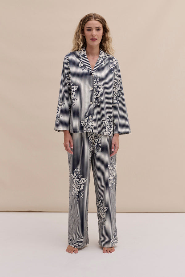 402 Long Pyjama Set Pinstripe Rose/Navy