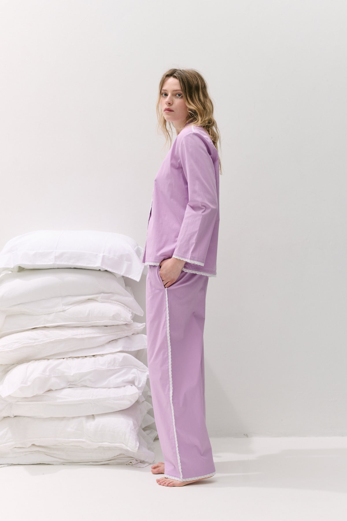 402 Long Pyjama Set Purple with Trims