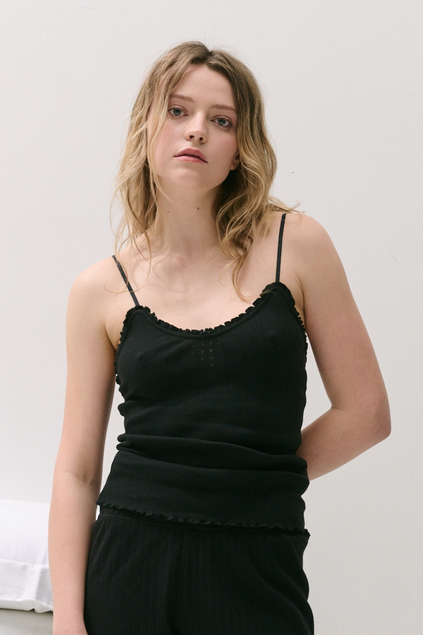 Pointelle Soft V Tank Top Black